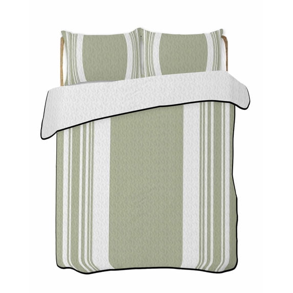 Quilts Twin-XL Size Bedding Set, Farmhouse Sage Green Lightweight Quilted Comforter, Aesthetic Modern Line Striped Soft Reversible Bedspread Coverlet with Pillow Covers for All Season, 68" x 98"