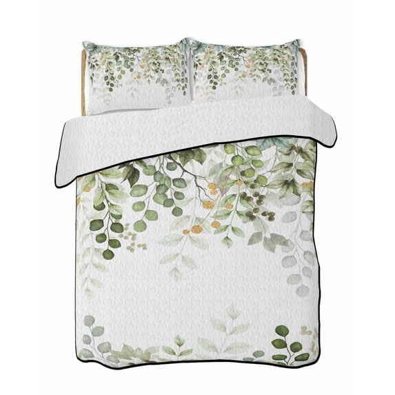 Quilts Twin-XL Size Bedding Set, Green Eucalyptus Leaves Lightweight Quilted Comforter, Summer Botanical Weeping Soft Reversible Bedspread Coverlet with Pillow Covers for All Season, 68" x 98"