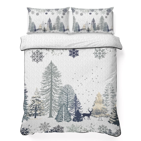 Quilts Twin XL Size Bedding Set, Green Grey Christmas Lightweight Quilted Comforter, Xmas Tree Forest Snowflake Winter Elk Reversible Bedspread Coverlet with Pillow Covers for All Season, 68" x 98"