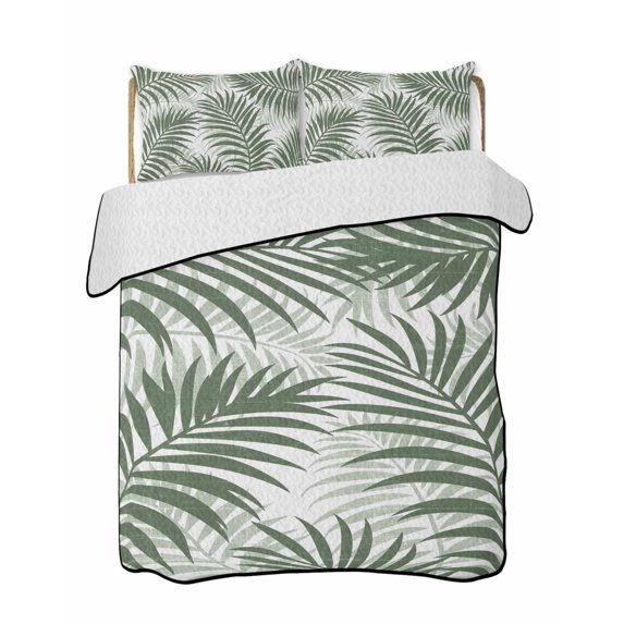 Quilts Twin-XL Size Bedding Set, Green Palm Leaves Lightweight Quilted Comforter, Summer Botanical Tropical Plants Soft Reversible Bedspread Coverlet with Pillow Covers for All Season, 68" x 98"