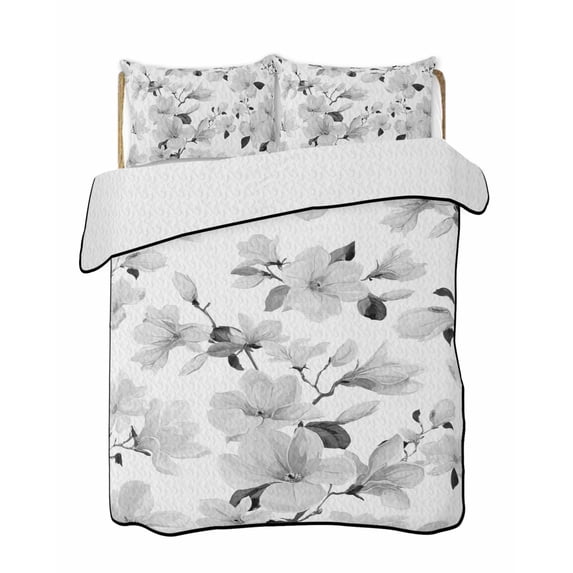 Quilts Twin-XL Size Bedding Set, Grey Flowers Lightweight Quilted Comforter, Spring Watercolor Botanical Floral Leaf Plant Soft Bedspread Coverlet with Pillow Covers for All Season, 68" x 98"