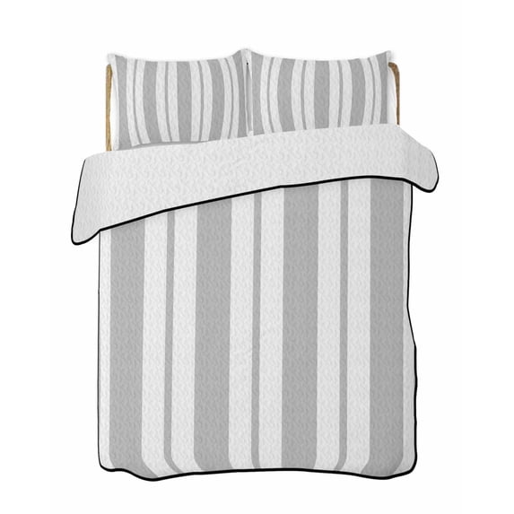 Quilts Twin-XL Size Bedding Set, Grey Striped Lightweight Quilted Comforter, Blue Geometric Line Stripes Farmhouse Soft Reversible Bedspread Coverlet with Pillow Covers for All Season, 68" x 98"