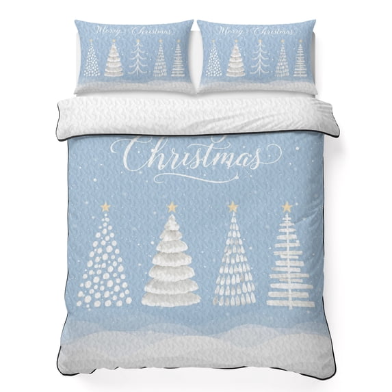 Quilts Twin XL Size Bedding Set, Light Blue Christmas Lightweight Quilted Comforter, Xmas Trees Snowy Snowflake Winter Soft Reversible Bedspread Coverlet with Pillow Covers for All Season, 68" x 98"