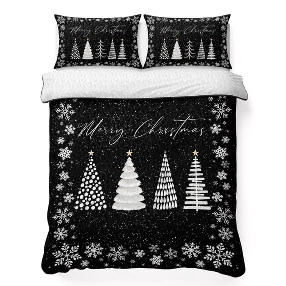 Quilts Twin XL Size Bedding Set, Merry Christmas Lightweight Quilted Comforter, Xmas Snowflake Pine Trees Winter Black Soft Reversible Bedspread Coverlet with Pillow Covers for All Season, 68" x 98"