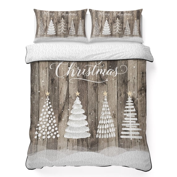 Quilts Twin XL Size Bedding Set, Merry Christmas Lightweight Quilted Comforter, Xmas Trees Snowflake Snowy Wooden Brown Soft Reversible Bedspread Coverlet with Pillow Covers for All Season, 68" x 98"