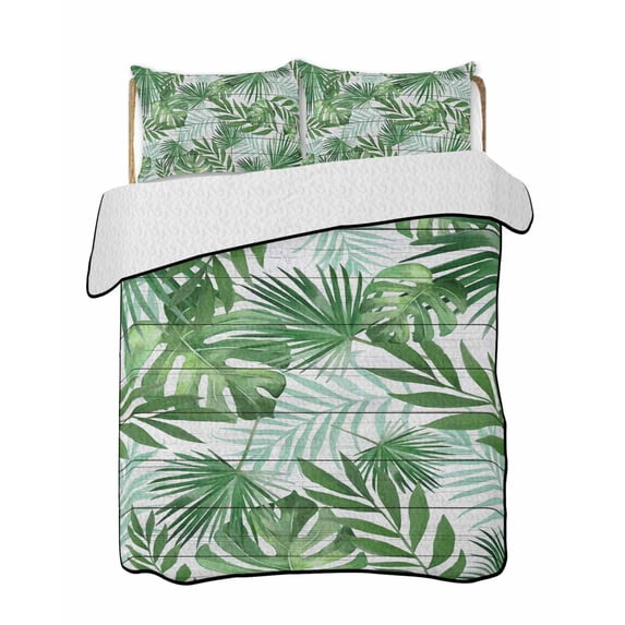 Quilts Twin-XL Size Bedding Set, Monstera Leaves Lightweight Quilted Comforter, Summer Palm Leaf Botanical Wooden Grey Soft Reversible Bedspread Coverlet with Pillow Covers for All Season, 68" x 98"
