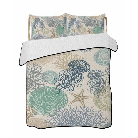 Quilts Twin-XL Size Bedding Set, Nautical Coastaal Lightweight Quilted Comforter, Ocean Jellyfish Coral Seashells Conch Beige Soft Bedspread Coverlet with Pillow Covers for All Season, 68" x 98"