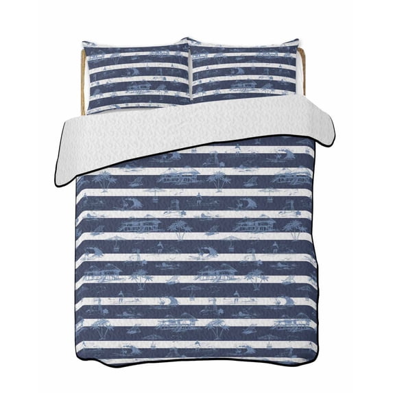 Quilts Twin-XL Size Bedding Set, Nautical Striped Lightweight Quilted Comforter, Summer Coastal Ocean Navy Blue White Soft Reversible Bedspread Coverlet with Pillow Covers for All Season, 68" x 98"