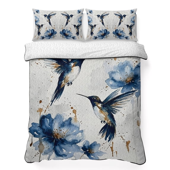 Quilts Twin XL Size Bedding Set, Navy Blue Birds Flowers Lightweight Quilted Comforter, Spring Floral Watercolor Soft Reversible Bedspread Coverlet with Pillow Covers for All Season, 68" x 98"