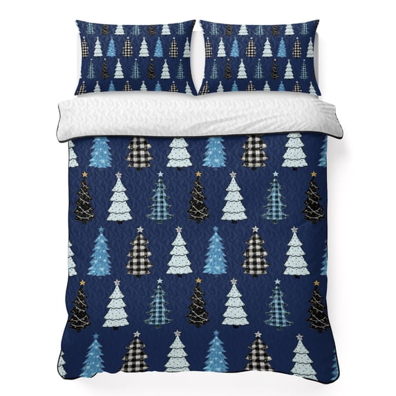 Quilts Twin XL Size Bedding Set, Navy Blue Christmas Lightweight Quilted Comforter, Black White Xmas Trees Rustic Winter Reversible Bedspread Coverlet with Pillow Covers for All Season, 68" x 98"