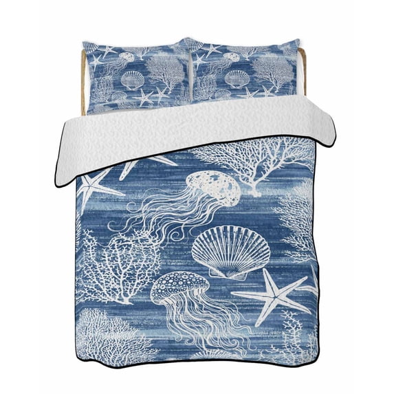 Quilts Twin-XL Size Bedding Set, Navy Blue Coastal Lightweight Quilted Comforter, Nautical Starfish Coral Jellyfish Shell Sea Soft Bedspread Coverlet with Pillow Covers for All Season, 68" x 98"