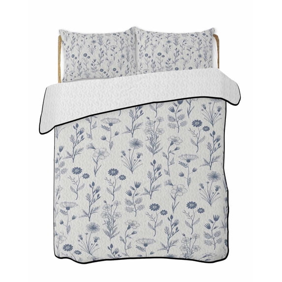Quilts Twin-XL Size Bedding Set, Navy Blue Flowers Lightweight Quilted Comforter, Spring Summer Farmhouse Botanical Soft Reversible Bedspread Coverlet with Pillow Covers for All Season, 68" x 98"