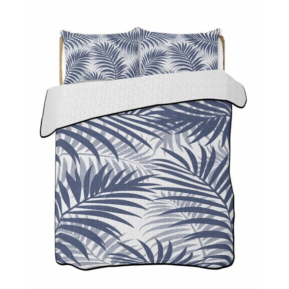 Quilts Twin-XL Size Bedding Set, Navy Blue Palm Leaves Lightweight Quilted Comforter, Summer Botanical Tropical Plants Soft Reversible Bedspread Coverlet with Pillow Covers for All Season, 68" x 98"