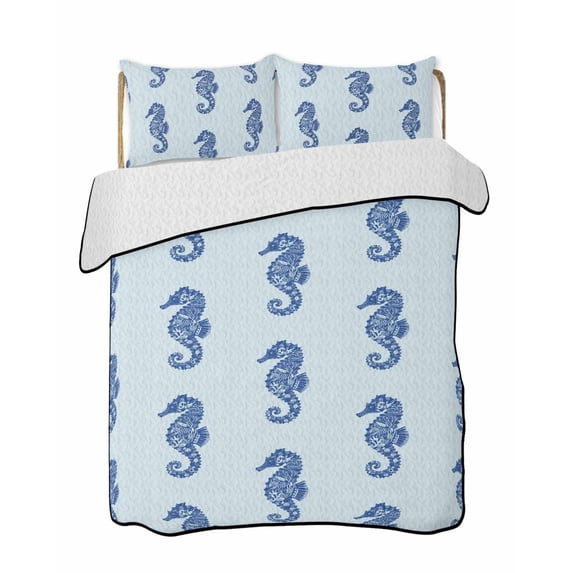 Quilts Twin-XL Size Bedding Set, Navy Blue Seahorse Lightweight Quilted Comforter, Summer Ocean Nautical Coastal Textured Soft Bedspread Coverlet with Pillow Covers for All Season, 68" x 98"