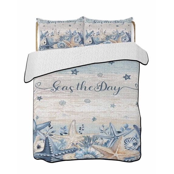 Quilts Twin-XL Size Bedding Set, Navy Blue Starfish Coastal Lightweight Quilted Comforter, Vintage Nautical Summer Coral Shell Soft Bedspread Coverlet with Pillow Covers for All Season, 68" x 98"