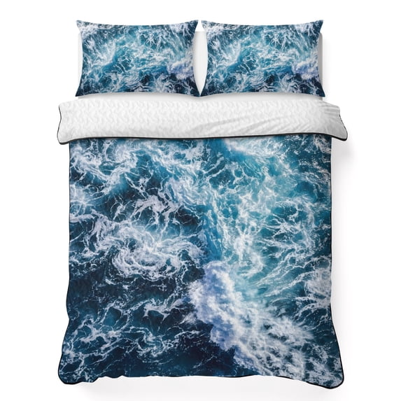 Quilts Twin XL Size Bedding Set, Ocean Waves Lightweight Quilted Comforter, Summer Ombre Sea Coastal Natural Modern Soft Reversible Bedspread Coverlet with Pillow Covers for All Season, 68" x 98"