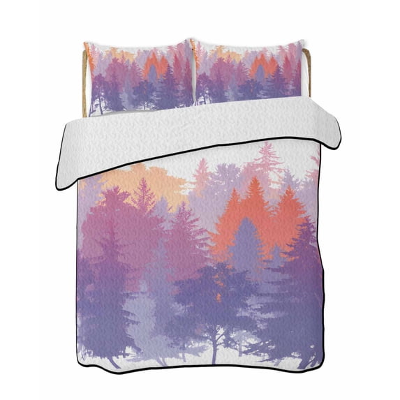 Quilts Twin-XL Size Bedding Set, Orange Purple Forest Silhouette Lightweight Quilted Comforter, Watercolor Forest Trees Retro Soft Bedspread Coverlet with Pillow Covers for All Season, 68" x 98"