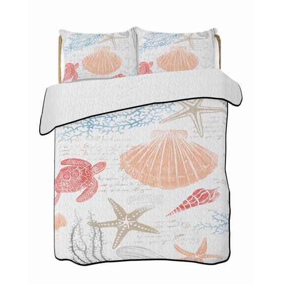 Quilts Twin-XL Size Bedding Set, Orange Red Blue Coastal Nautical Lightweight Quilted Comforter, Beach Sea Turtle Ocean Coral Starfish Bedspread Coverlet with Pillow Covers for All Season, 68" x 98"