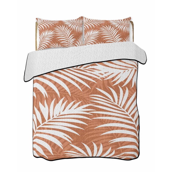 Quilts Twin-XL Size Bedding Set, Palm Leaves Burnt Orange Lightweight Quilted Comforter, Summer Botanical Coastal Tropical Soft Bedspread Coverlet with Pillow Covers for All Season, 68" x 98"