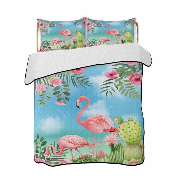Quilts Twin-XL Size Bedding Set, Pink Flamingos Lightweight Quilted Comforter, Summer Beach Tropical Floral Cactus Soft Reversible Bedspread Coverlet with Pillow Covers for All Season, 68" x 98"