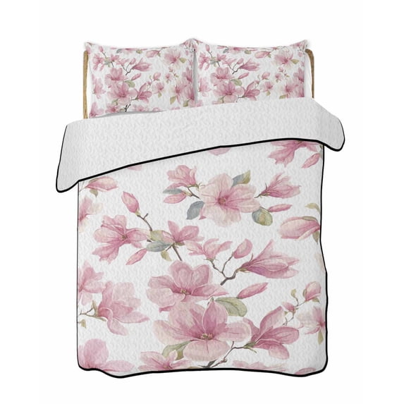 Quilts Twin-XL Size Bedding Set, Pink Flowers Lightweight Quilted Comforter, Spring Watercolor Botanical Floral Leaf Plant Soft Bedspread Coverlet with Pillow Covers for All Season, 68" x 98"
