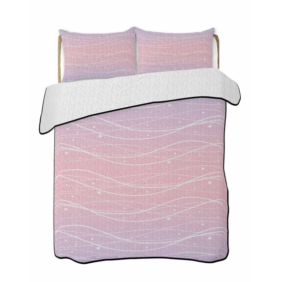 Quilts Twin-XL Size Bedding Set, Pink Purple Ombre Lightweight Quilted Comforter, Modern Abstract Striped Polka Dots Soft Reversible Bedspread Coverlet with Pillow Covers for All Season, 68" x 98"