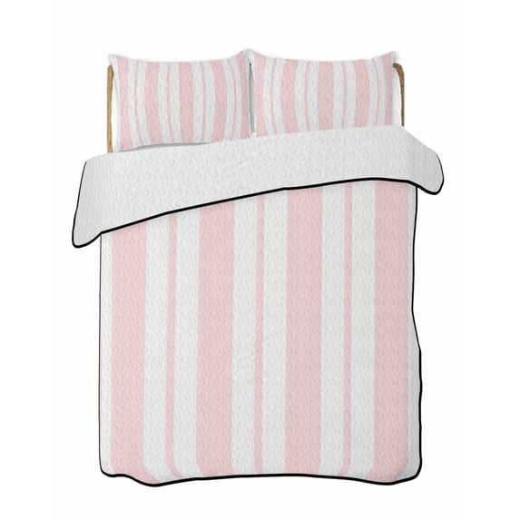 Quilts Twin-XL Size Bedding Set, Pink Striped Lightweight Quilted Comforter, Blue Geometric Line Stripes Farmhouse Soft Reversible Bedspread Coverlet with Pillow Covers for All Season, 68" x 98"