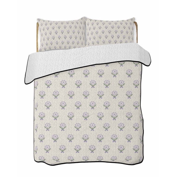 Quilts Twin-XL Size Bedding Set, Purple Boho Floral Lightweight Quilted Comforter, Modern Abstract Flowers Bohemia Beige Reversible Bedspread Coverlet with Pillow Covers for All Season, 68" x 98"