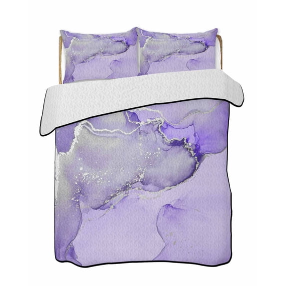 Quilts Twin-XL Size Bedding Set, Purple Marble Lightweight Quilted Comforter, Modern Abstract Waves Silvery Farmhouse Soft Reversible Bedspread Coverlet with Pillow Covers for All Season, 68" x 98"