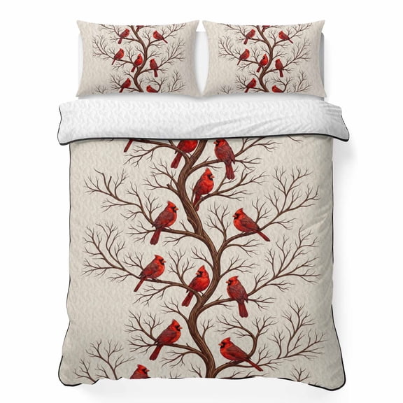 Quilts Twin XL Size Bedding Set, Red Cardinal Birds Lightweight Quilted Comforter, Withered Branches Farmhouse Beige Soft Reversible Bedspread Coverlet with Pillow Covers for All Season, 68" x 98"