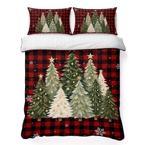 Quilts Twin XL Size Bedding Set, Red Christmas Lightweight Quilted Comforter, Green Xmas Trees Snowflake Rustic Plaid Soft Reversible Bedspread Coverlet with Pillow Covers for All Season, 68" x 98"