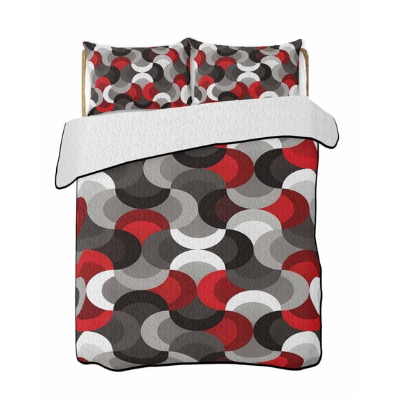 Quilts Twin-XL Size Bedding Set, Red Grey Abstract Lightweight Quilted Comforter, Modern Geometric Ombre Artwork Soft Reversible Bedspread Coverlet with Pillow Covers for All Season, 68" x 98"