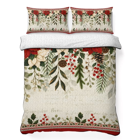 Quilts Twin XL Size Bedding Set, Red Poinsettia Christmas Lightweight Quilted Comforter, Xmas Winter Flowers Leaves Retro Reversible Bedspread Coverlet with Pillow Covers for All Season, 68" x 98"