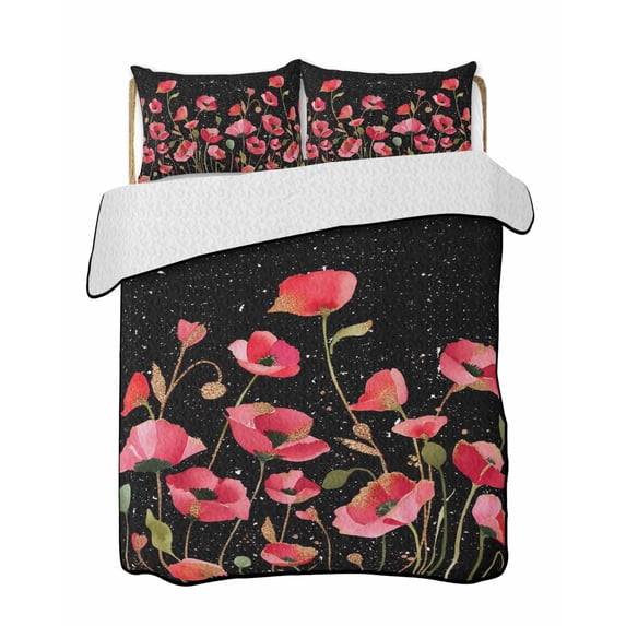 Quilts Twin-XL Size Bedding Set, Red Poppy Lightweight Quilted Comforter, Spring Summer Flowers Botanical Black Soft Reversible Bedspread Coverlet with Pillow Covers for All Season, 68" x 98"