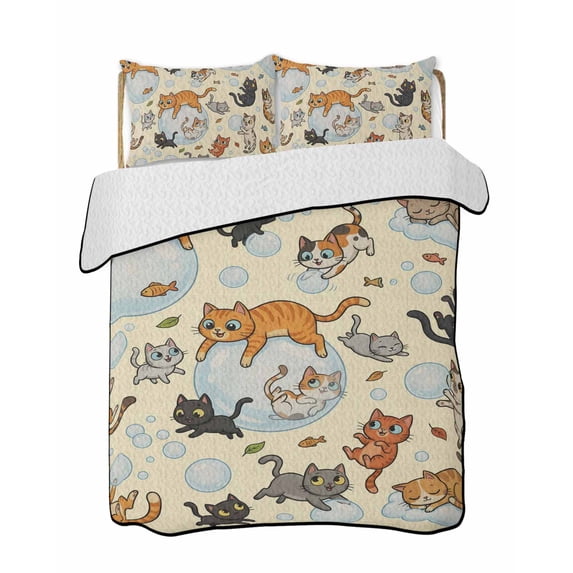 Quilts Twin-XL Size Bedding Set, Rustic Cat Lightweight Quilted Comforter, Funny Cute Fish Leaves Bubble Soft Reversible Bedspread Coverlet with Pillow Covers for All Season, 68" x 98"