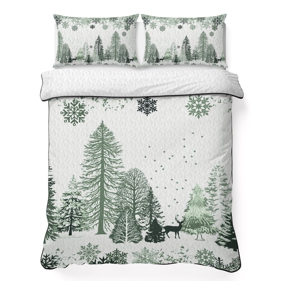 Quilts Twin XL Size Bedding Set, Sage Green Christmas Lightweight Quilted Comforter, Xmas Tree Snowflake Elk Winter Soft Reversible Bedspread Coverlet with Pillow Covers for All Season, 68" x 98"