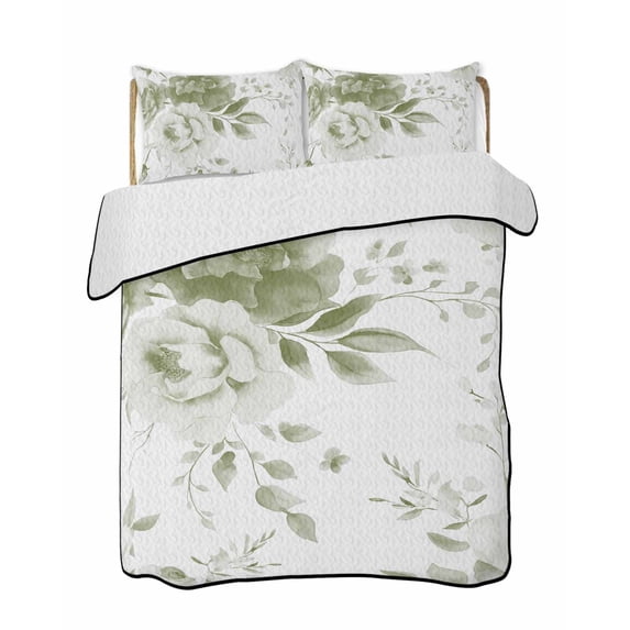 Quilts Twin-XL Size Bedding Set, Sage Green Flower Lightweight Quilted Comforter, Watercolor Gradient Retro Floral Soft Reversible Bedspread Coverlet with Pillow Covers for All Season, 68" x 98"