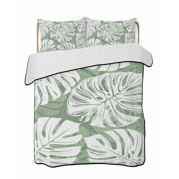 Quilts Twin-XL Size Bedding Set, Sage Green Monstera Deliciosa Lightweight Quilted Comforter, Summer Botanical Tropical Soft Reversible Bedspread Coverlet with Pillow Covers for All Season, 68" x 98"