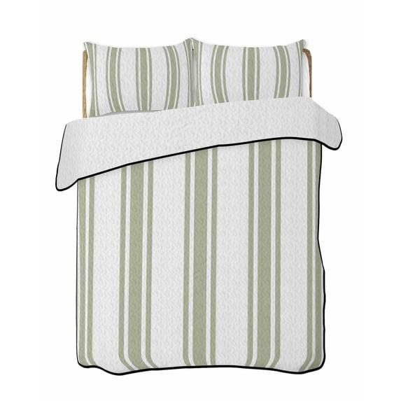 Quilts Twin-XL Size Bedding Set, Sage Green Striped Lightweight Quilted Comforter, Farmhouse Aesthetic Modern Stripes Soft Reversible Bedspread Coverlet with Pillow Covers for All Season, 68" x 98"