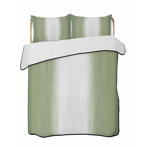 Quilts Twin-XL Size Bedding Set, Sage Green Striped Lightweight Quilted Comforter, Green White Ombre Farmhouse Gradient Soft Reversible Bedspread Coverlet with Pillow Covers for All Season, 68" x 98"