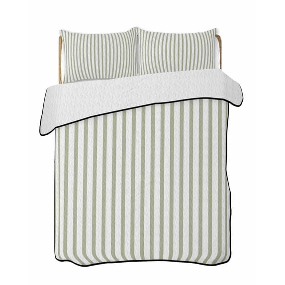 Quilts Twin-XL Size Bedding Set, Sage Green Vertical Striped Lightweight Quilted Comforter, Farmhouse Thin Line Stripes Soft Reversible Bedspread Coverlet with Pillow Covers for All Season, 68" x 98"