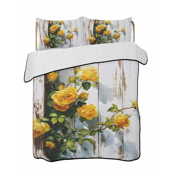 Quilts Twin-XL Size Bedding Set, Spring Floral Lightweight Quilted Comforter, Yellow Roses Flowers Leaves Farmhouse Wooden Soft Bedspread Coverlet with Pillow Covers for All Season, 68" x 98"