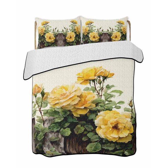 Quilts Twin-XL Size Bedding Set, Spring Floral Lightweight Quilted Comforter, Yellow Roses Leaves Country Botanical Farmhouse Soft Bedspread Coverlet with Pillow Covers for All Season, 68" x 98"