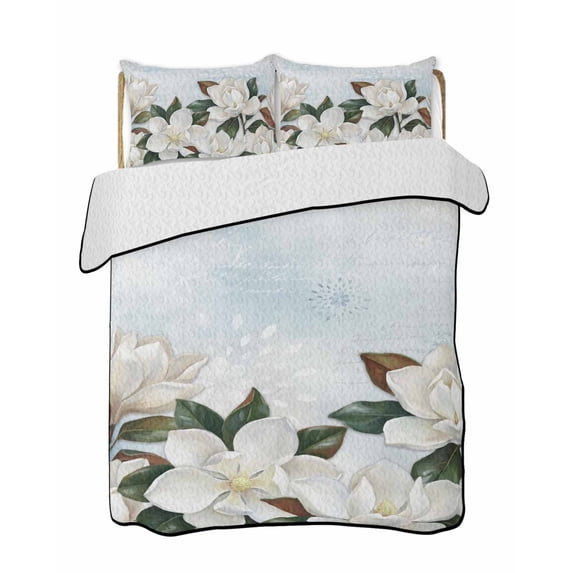 Quilts Twin-XL Size Bedding Set, Spring Magnolia Flower Lightweight Quilted Comforter, White Floral Botanical Light Blue Reversible Bedspread Coverlet with Pillow Covers for All Season, 68" x 98"