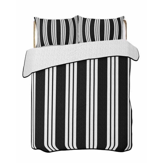Quilts Twin-XL Size Bedding Set, Striped Black White Lightweight Quilted Comforter, Farmhouse Line Stripes Classic Soft Reversible Bedspread Coverlet with Pillow Covers for All Season, 68" x 98"