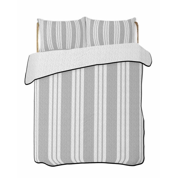 Quilts Twin-XL Size Bedding Set, Striped Grey Lightweight Quilted Comforter, Farmhouse Line Stripes Classic Soft Reversible Bedspread Coverlet with Pillow Covers for All Season, 68" x 98"