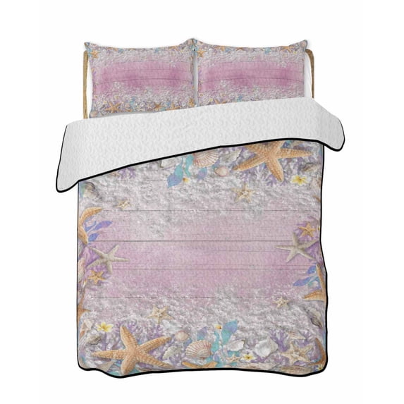 Quilts Twin-XL Size Bedding Set, Summer Beach Starfish Lightweight Quilted Comforter, Pink Coastal Ocean Conch Wood Grain Soft Bedspread Coverlet with Pillow Covers for All Season, 68" x 98"