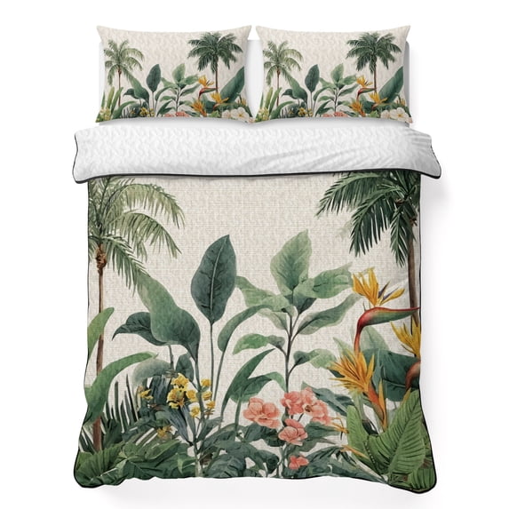 Quilts Twin XL Size Bedding Set, Summer Palm Tree Lightweight Quilted Comforter, Tropical Botanical Floral Coastal Rustic Soft Bedspread Coverlet with Pillow Covers for All Season, 68" x 98"