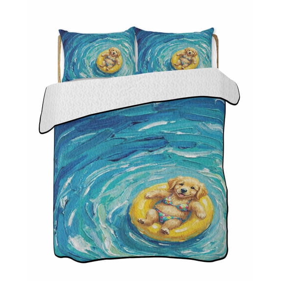 Quilts Twin-XL Size Bedding Set, Summer Puppy Lightweight Quilted Comforter, Blue Ocean Oil Painting Swimming Ring Soft Reversible Bedspread Coverlet with Pillow Covers for All Season, 68" x 98"