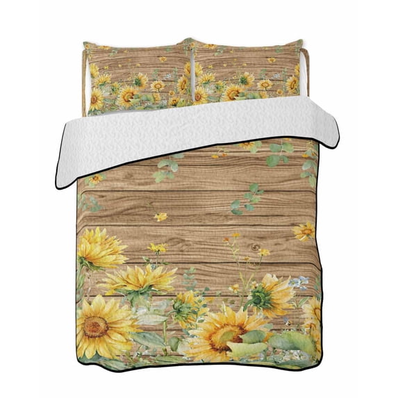 Quilts Twin-XL Size Bedding Set, Sunflower Lightweight Quilted Comforter, Summer Eucalyptus Botanical Floral Brown Wooden Soft Bedspread Coverlet with Pillow Covers for All Season, 68" x 98"
